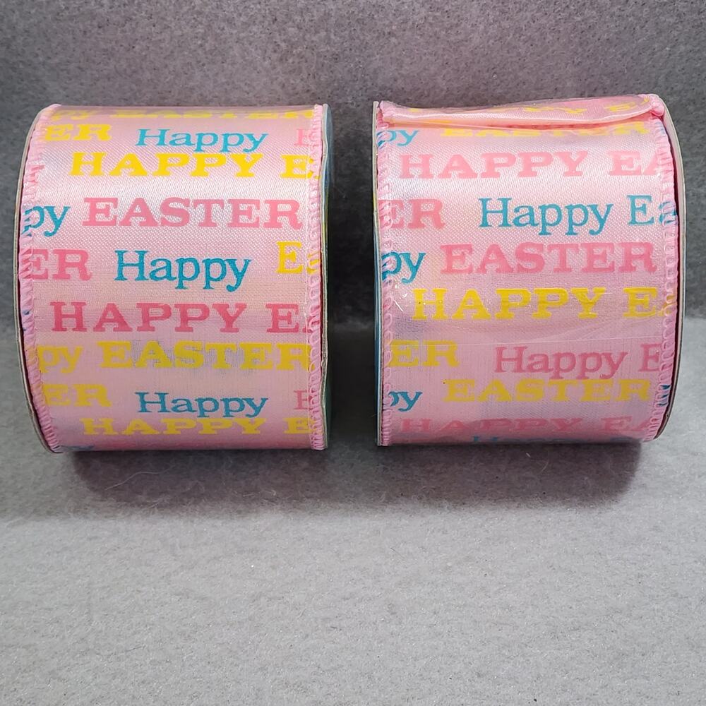 HAPPY EASTER 2 Rolls 9ft x 2.5in Decorative Wired Ribbon Easter Decorations